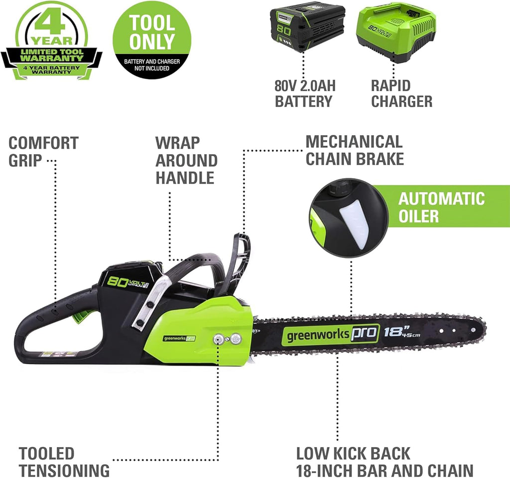 80V 18" Brushless Cordless Chainsaw (Great For Tree Felling, Limbing, Pruning, and Firewood) / 75+ Compatible Tools)