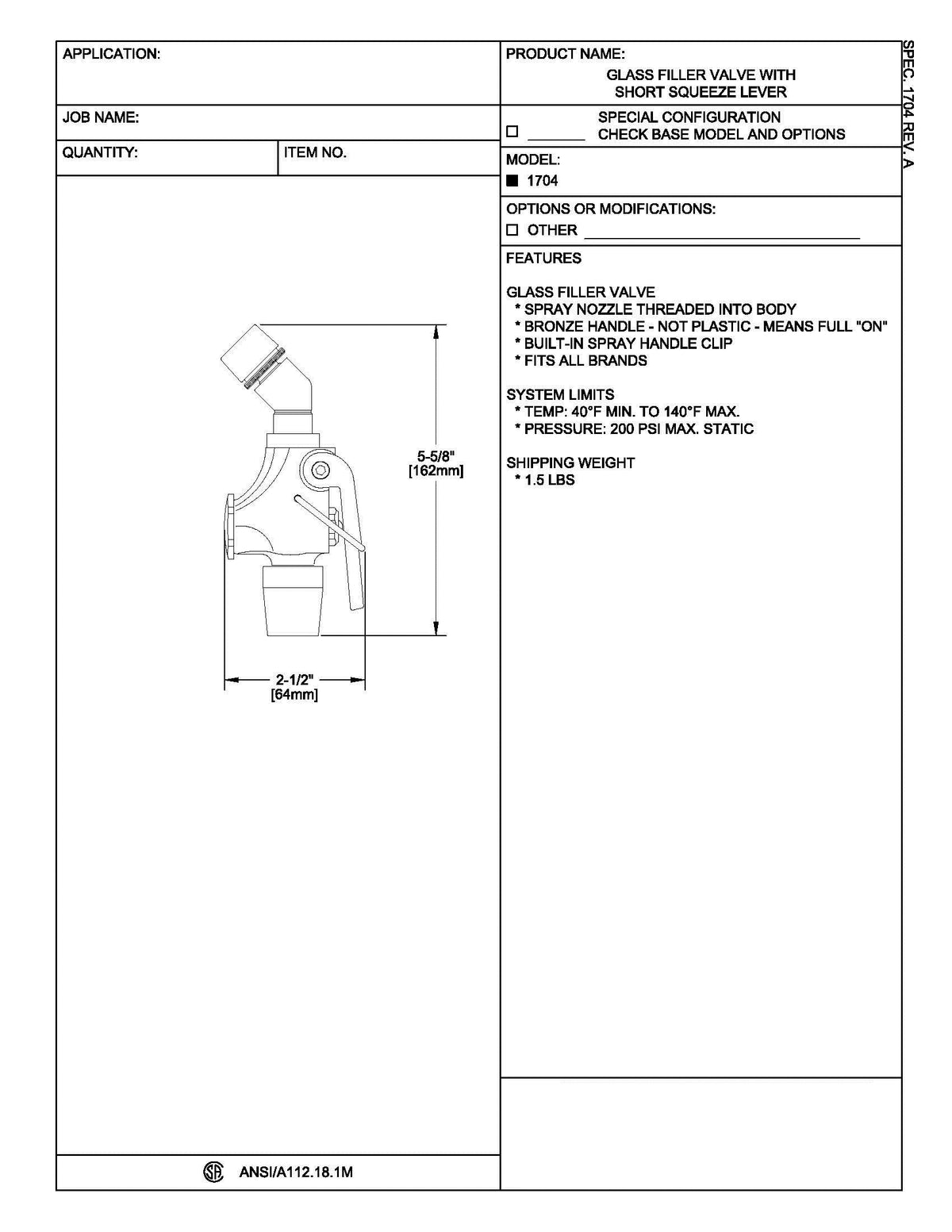 Fisher 1704 Glass Filler Valve with Short Squeeze Lever