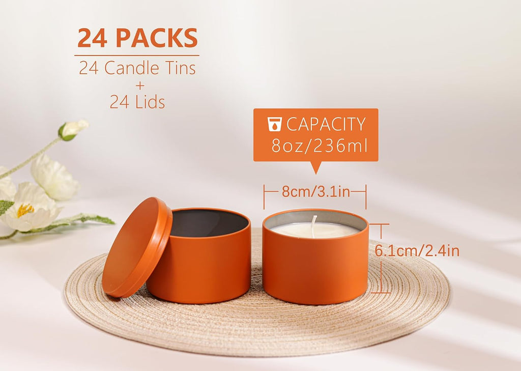 Candle Tins 8oz with Lids, 24 Pack Seamless Candle Containers for Candle Making Supplies Empty Candle Jars - Orange