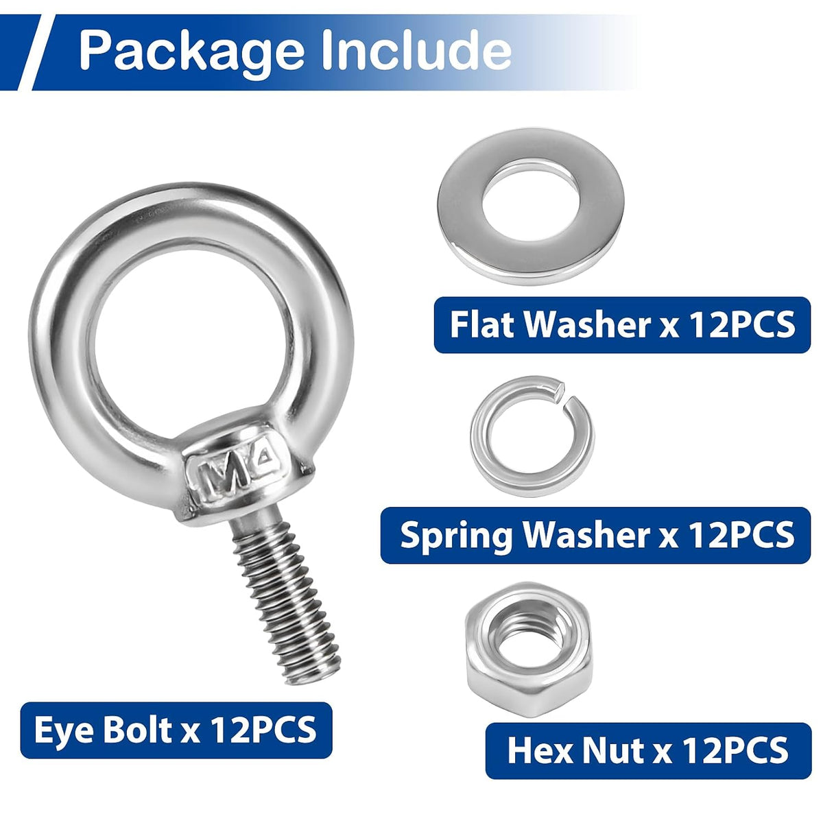 12 Pack M4 Stainless Eye Bolts with Nuts Washers, 0.39"(10mm) Thread Length