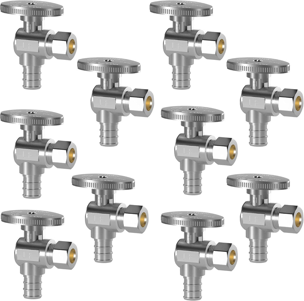 10 Pack Angle Stop Valve, Water Shut Off Valve 1/2" PEX x 3/8" OD Compression, Quarter Turn Chrome Plated Brass Valve