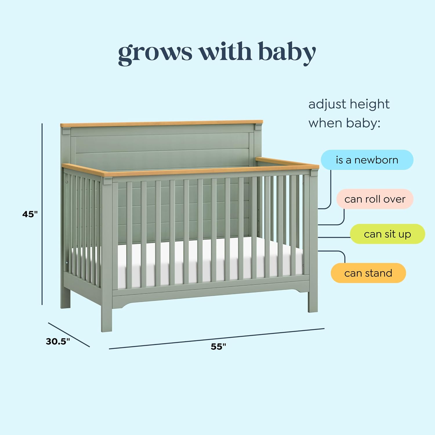 Shea 4-in-1 Convertible Crib in Light Sage and Honey, Greenguard Gold and FSC Certified