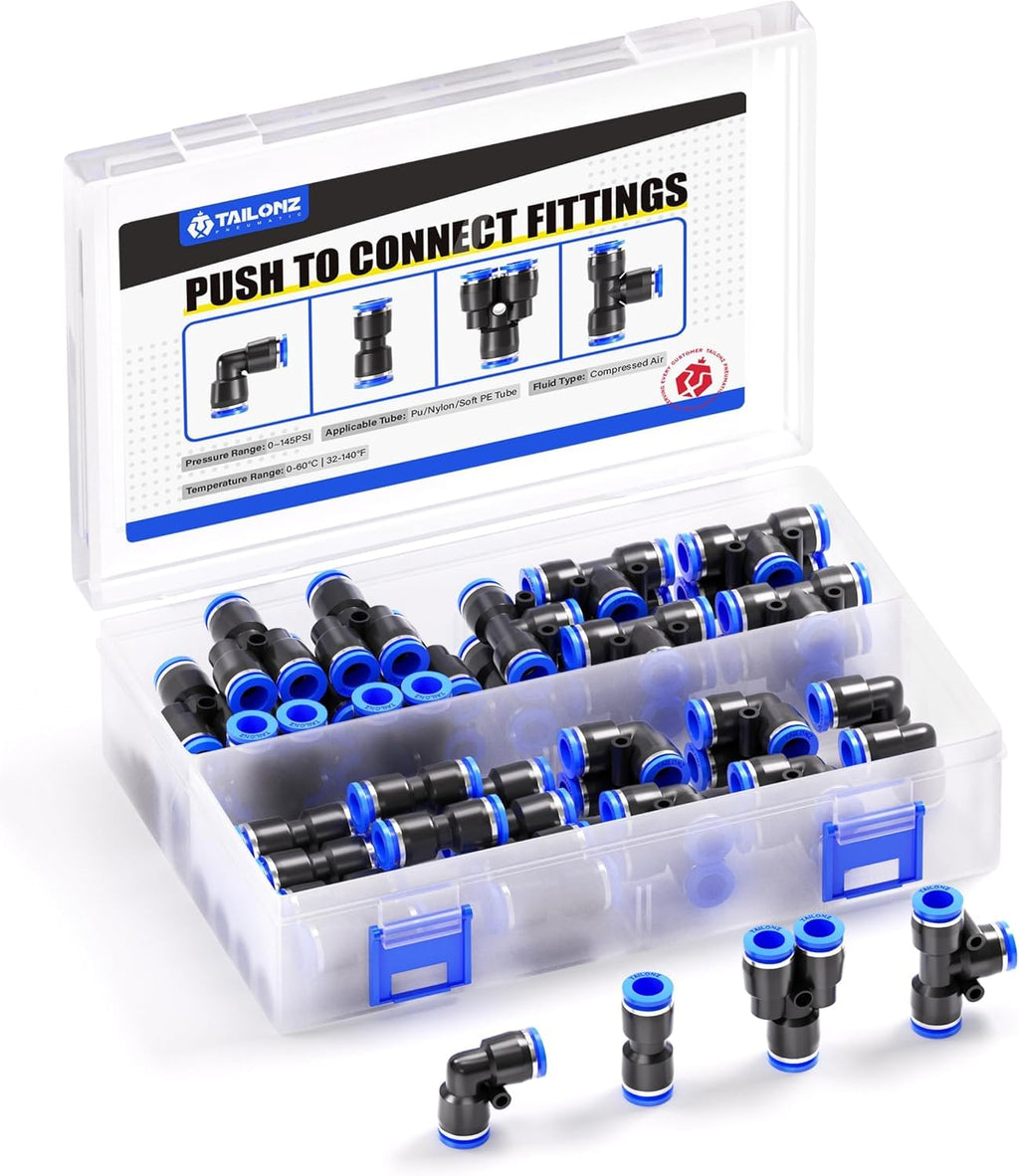TAILONZ 1/4" Push to Connect Fitting Splitters+Elbows+Tees+Straight 60Pcs