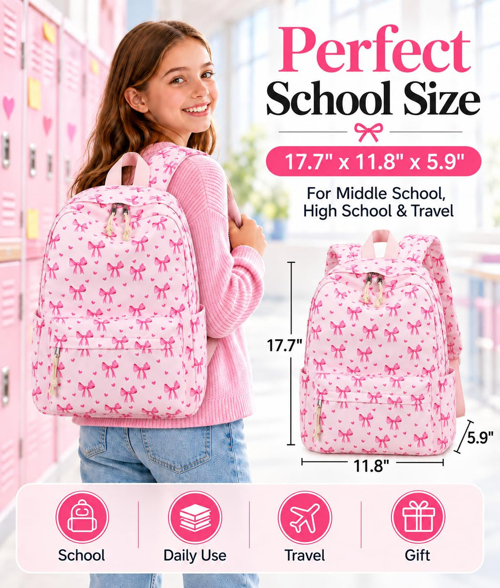 Girls Backpack for School Kids, Cute Bow Bookbag with Laptop Sleeve