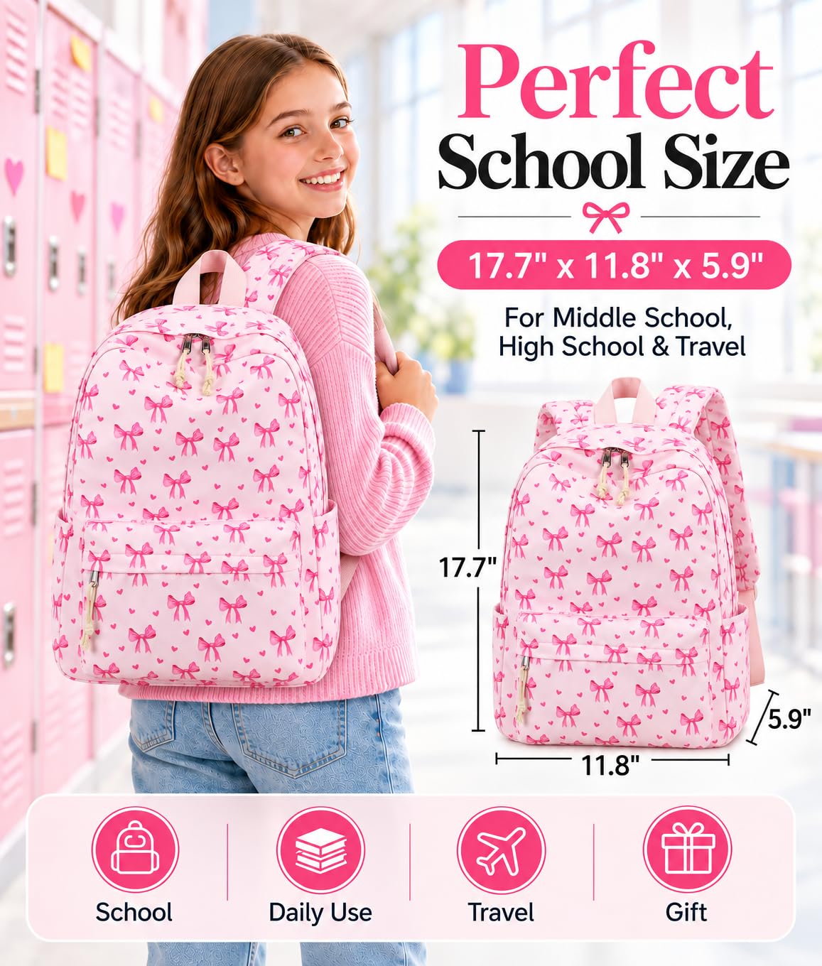 Girls Backpack for School Kids, Cute Bow Bookbag with Laptop Sleeve