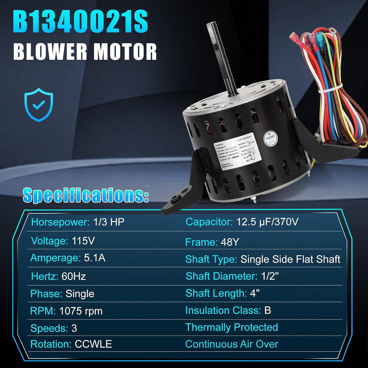 B1340021S Furnace Blower Motor for Goodman, 1/3 HP 115V 1050 RPM, Capacitor