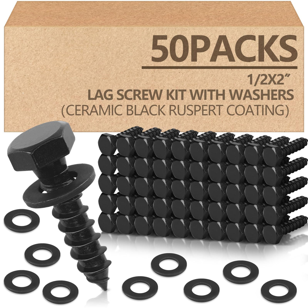 50 Pack 1/2''X 2'' Lag Bolts Screw with Washer Galvanized, Black