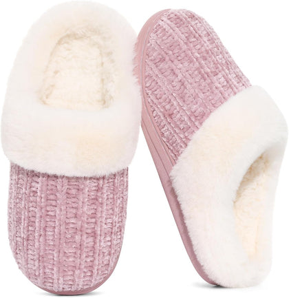 Women's Chenille Knit Fuzzy Slippers Memory Foam Warm House Shoes | Comfy Fleece Lined, Fluffy Faux Fur, Anti-slip