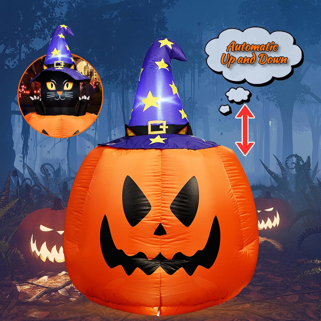 5.3 FT Halloween Inflatable Animated Witch Cat in Pumpkin, Blow Up Yard Decorations with Build-in LEDs Lighted Decor