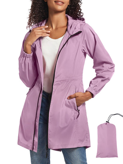 Women's Long Packable Rain Jacket with Hood Waterproof Raincoat