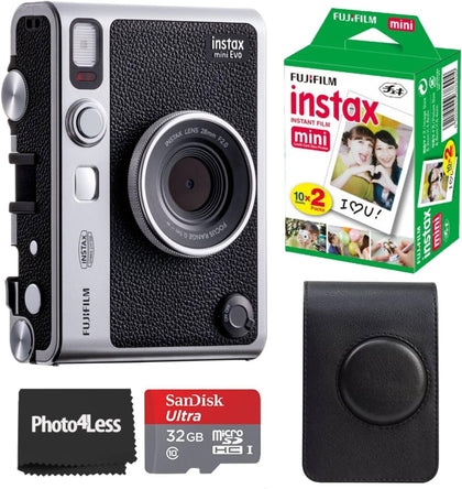 Instax Mini EVO Hybrid Black Instant Camera | Instax Mini Twin Pack Instant Film | 32GB microSD Card with Adapter |