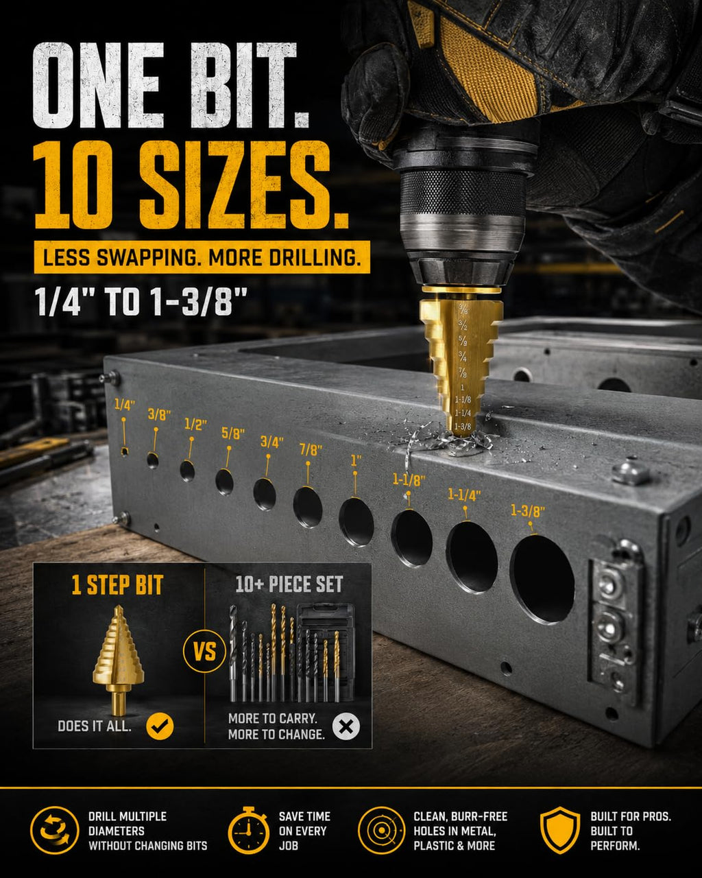 HSS Step Drill Bit for Metal, 3/8" Tri-Shank, 10 Steps from 1/4" to 1-3/8"