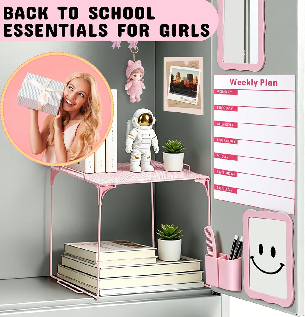Pink Locker Accessories Kit 16PCS, School Locker Organizer Set with Shelf, Magnetic Mirror, Whiteboard Marker, Pen