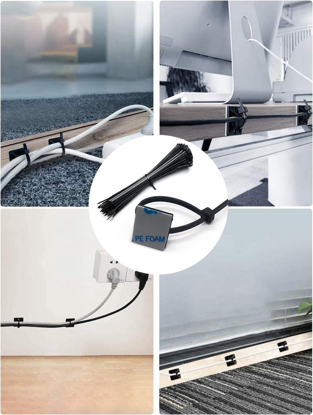 Cable Management Kit - 100 Set Adhesive Cable Zip Tie Mounts with 8" Zip Ties | UV Resistant Wire Organizers for