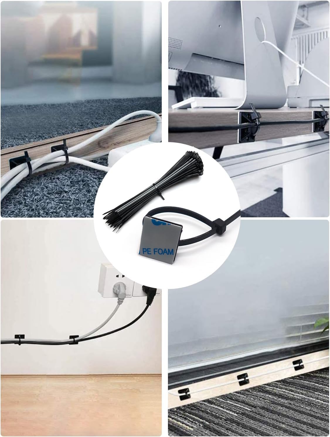 Cable Management Kit - 100 Set Adhesive Cable Zip Tie Mounts with 8" Zip Ties | UV Resistant Wire Organizers for
