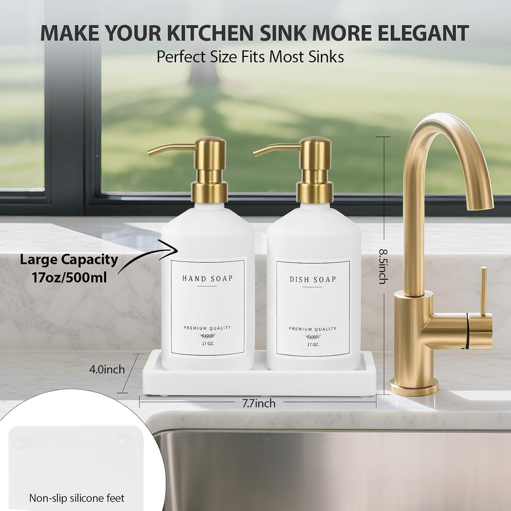 Gold Soap Dispenser Set, Glass Hand and Dish Soap Dispenser Set with Tray,Stainless Pump,14 Stickers for
