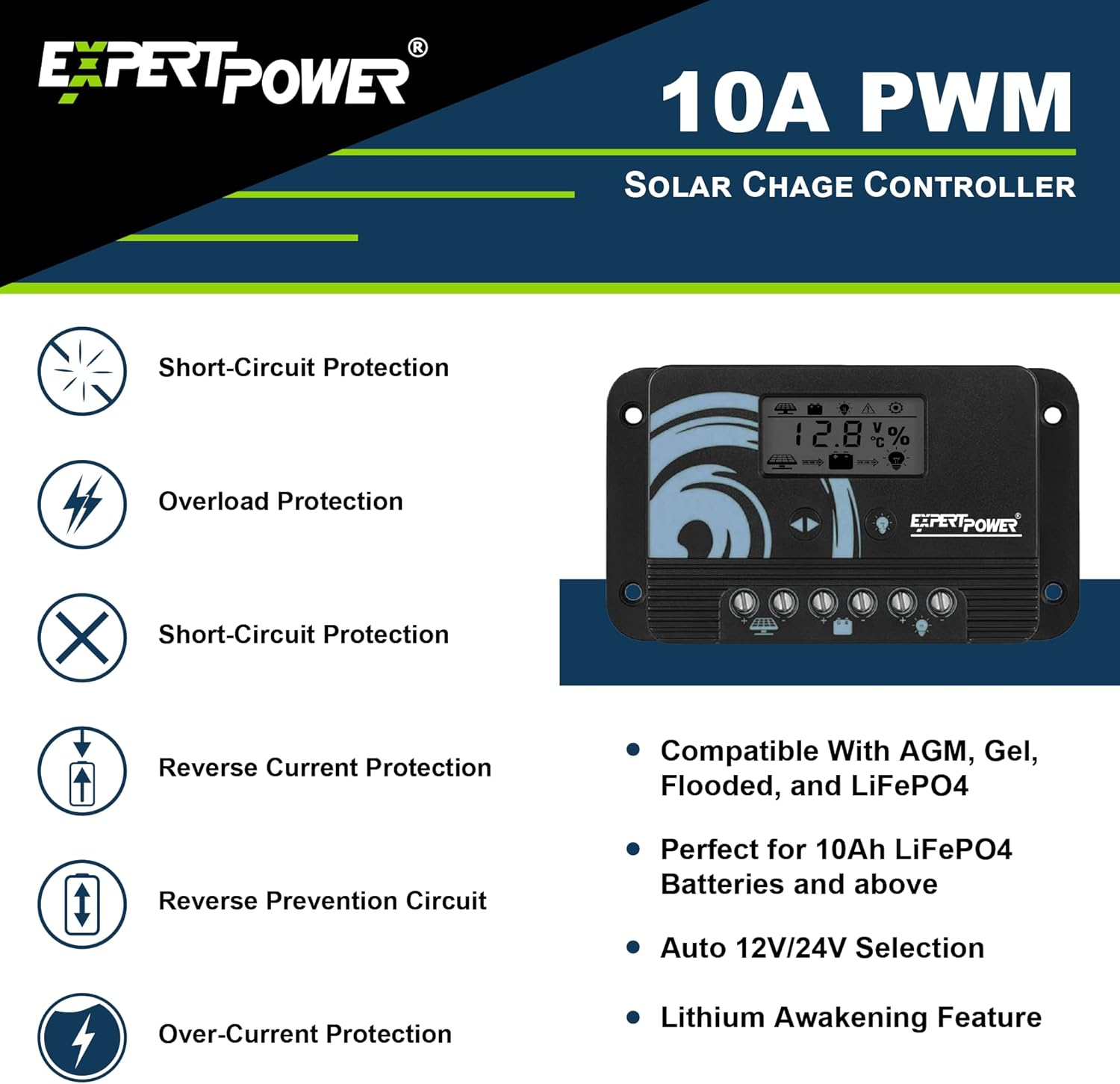 100W 12V Solar Power Kit | 12V 20Ah LiFePO4 Lithium Battery | 100W Mono Rigid Solar Panel, 10A PWM Solar Charge