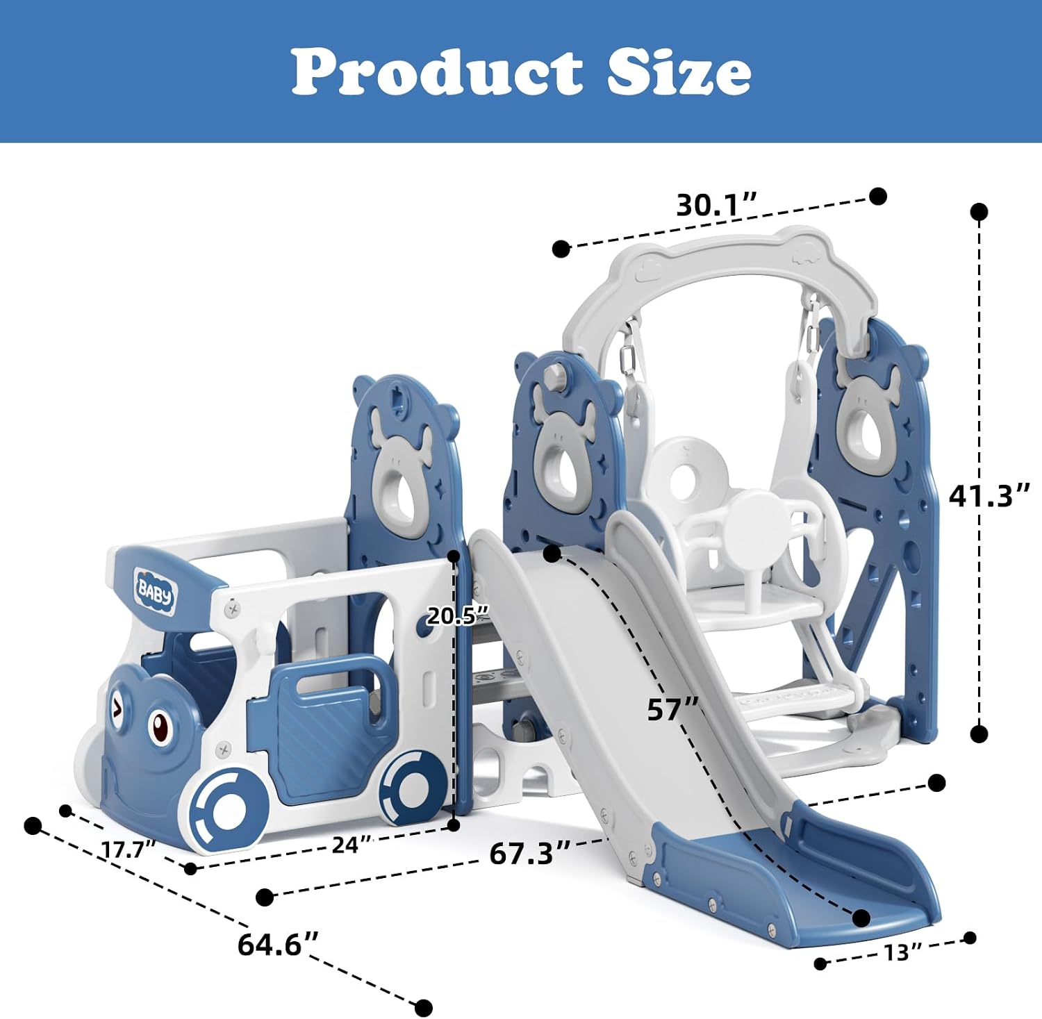 Toddler Slide and Swing Set, Bus Themed Kids Slide with Climber, Indoor Outdoor Playset for Toddlers Age 1-3, Blue