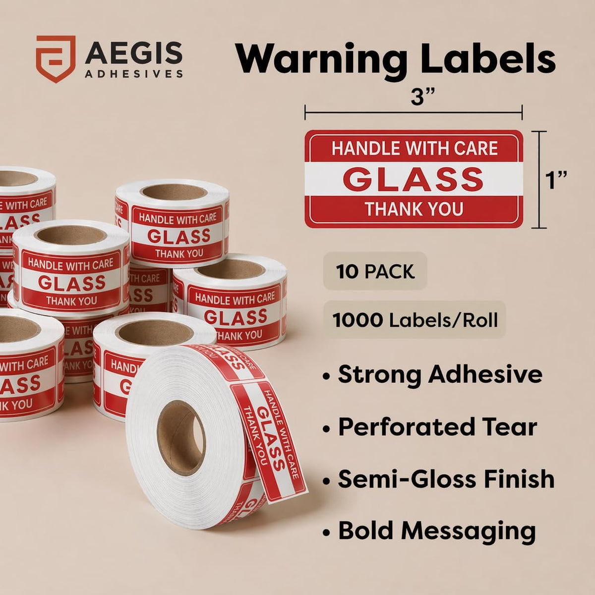 1" X 3" Glass Stickers (10000 Labels, 10 Rolls) - Handle with Care