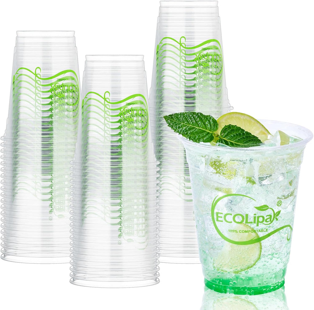 100 Count 12oz Clear Disposable Compostable Plastic Cups for Party