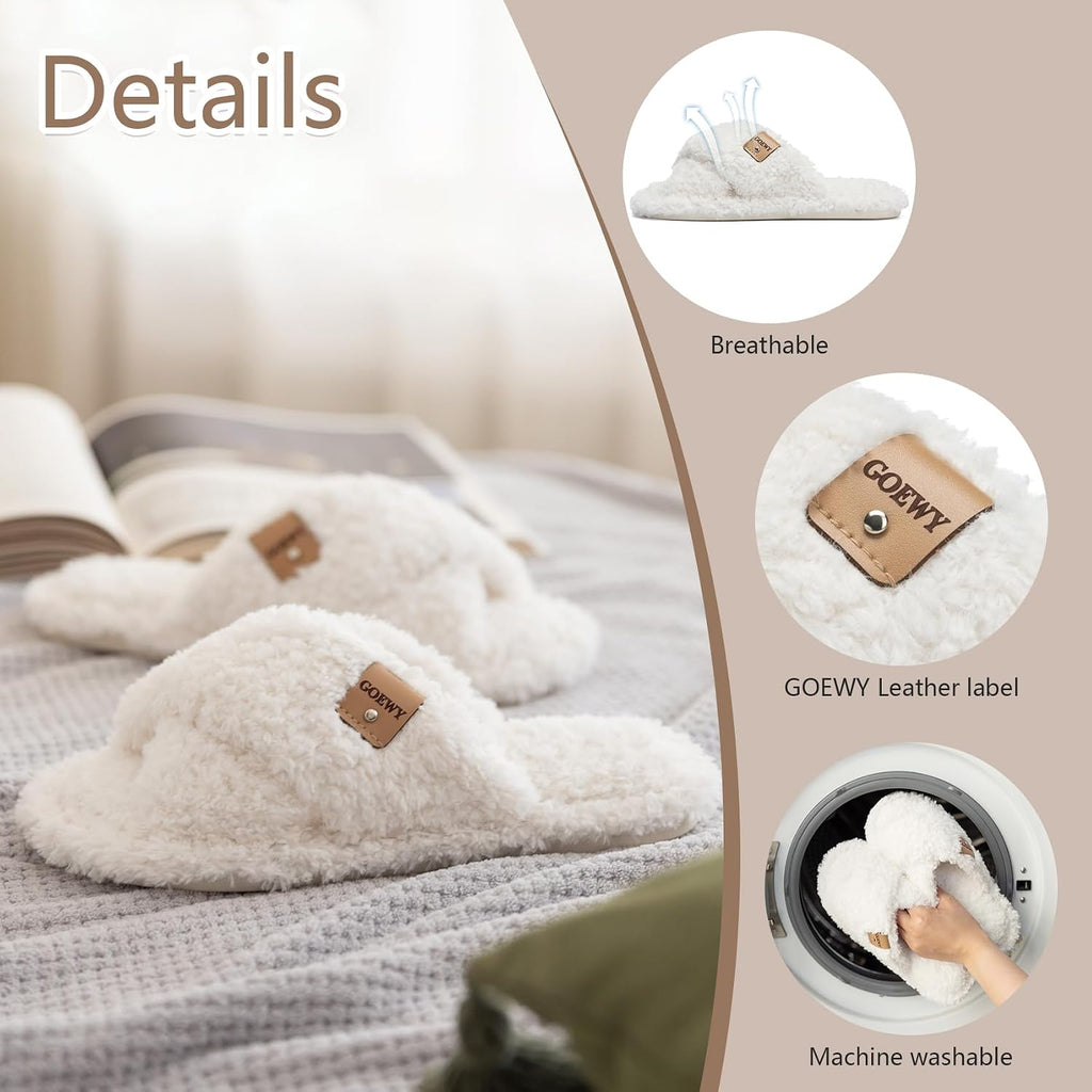 Fuzzy Open Toe Slippers for Women Cozy Memory Foam House Shoes Indoor | Cute Cross Band,Soft Faux Fur,Anti-slip Sole