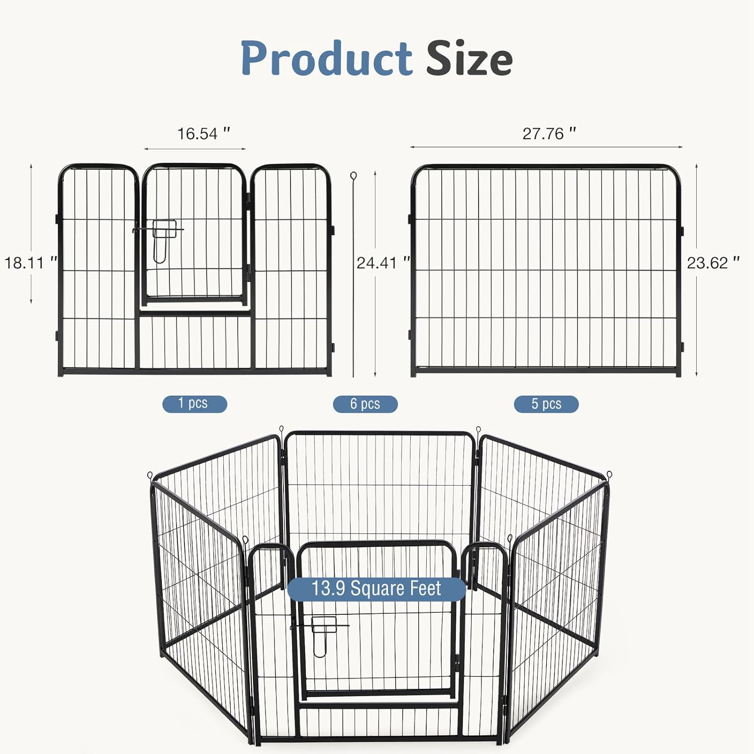 Dog Playpen Indoor, Metal 24 Inch 6 Panels Foldable Pet Fence with Door, Outdoor Small Medium Large Dog Puppy
