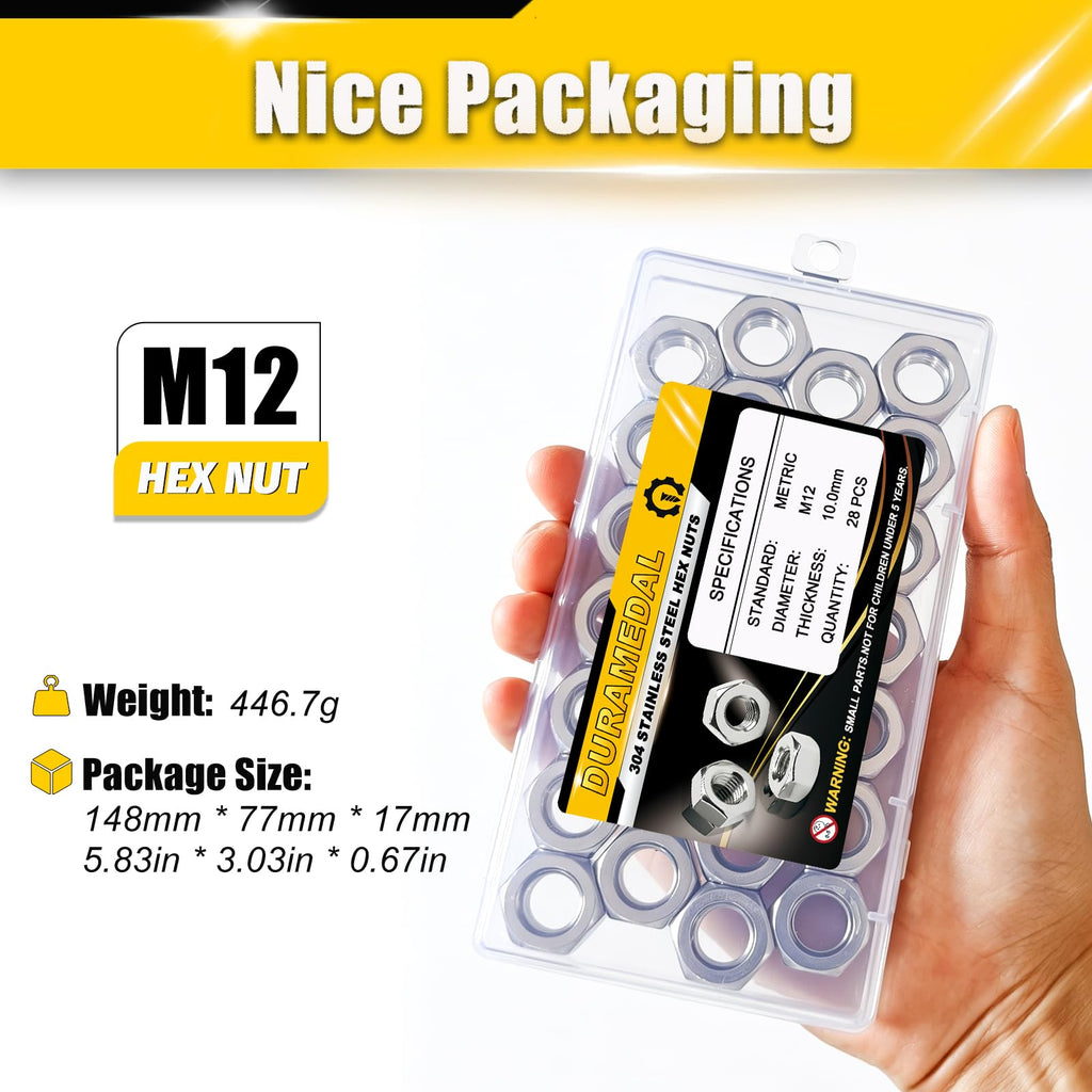 M12 Hex Nuts 28Pcs 304 Stainless Steel A2-70 Rustproof Metric