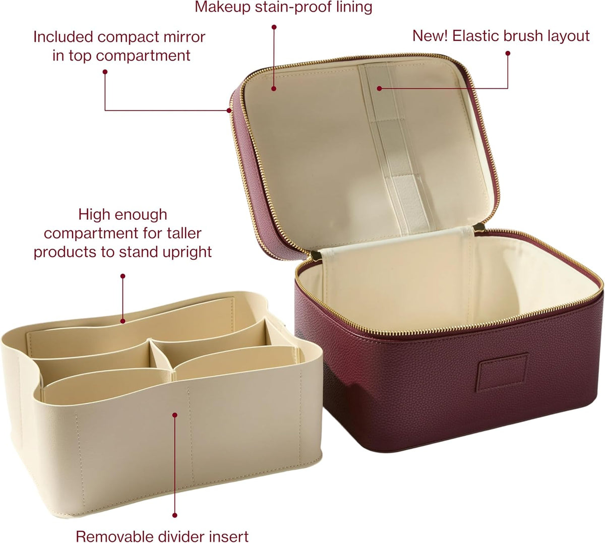 Duo Vanity Case Burgundy - Large Functional Travel Makeup Bag Organizer with Removable Divider & Mirror
