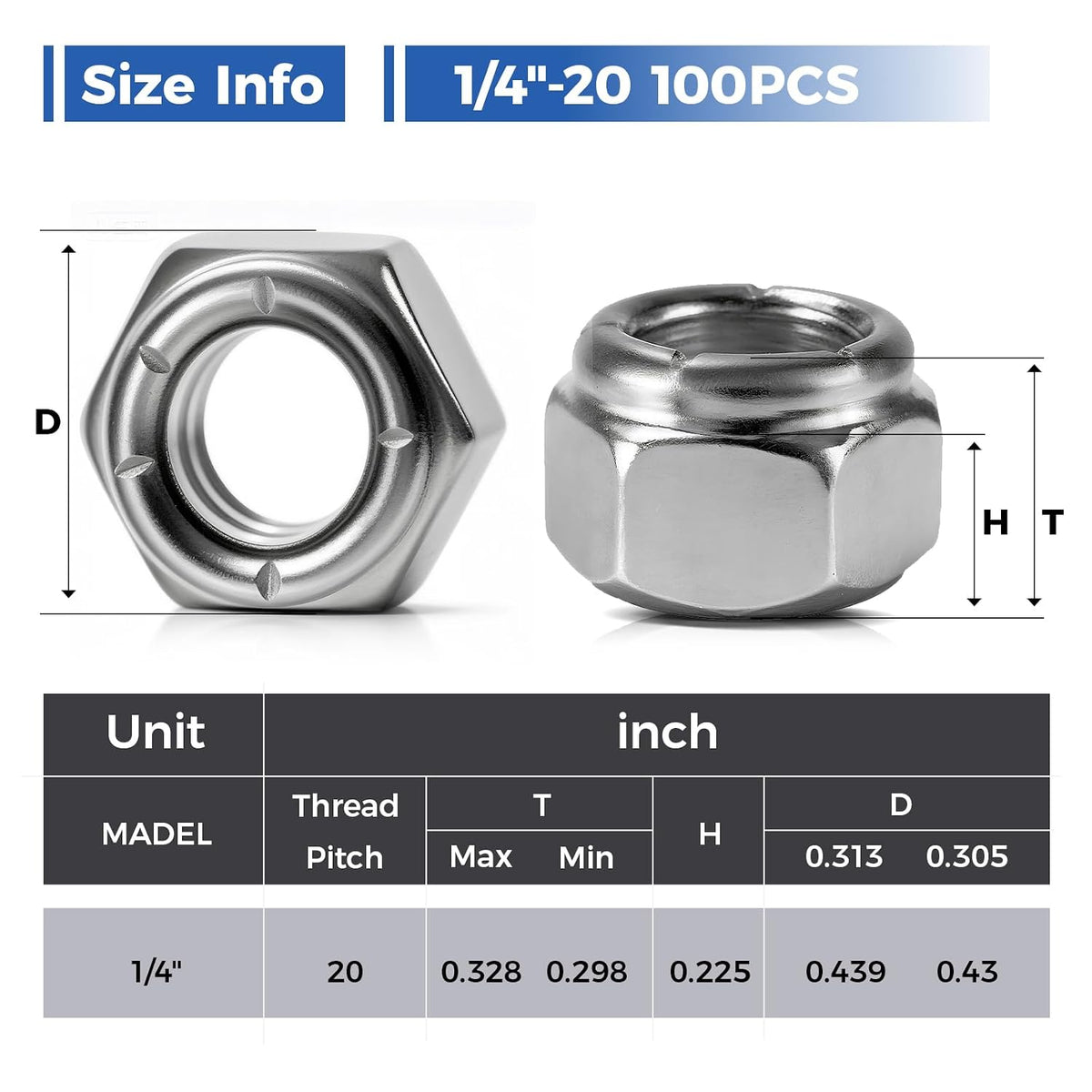 1/4"-20 Lock Nuts, 100-Pack, Premium Carbon Steel