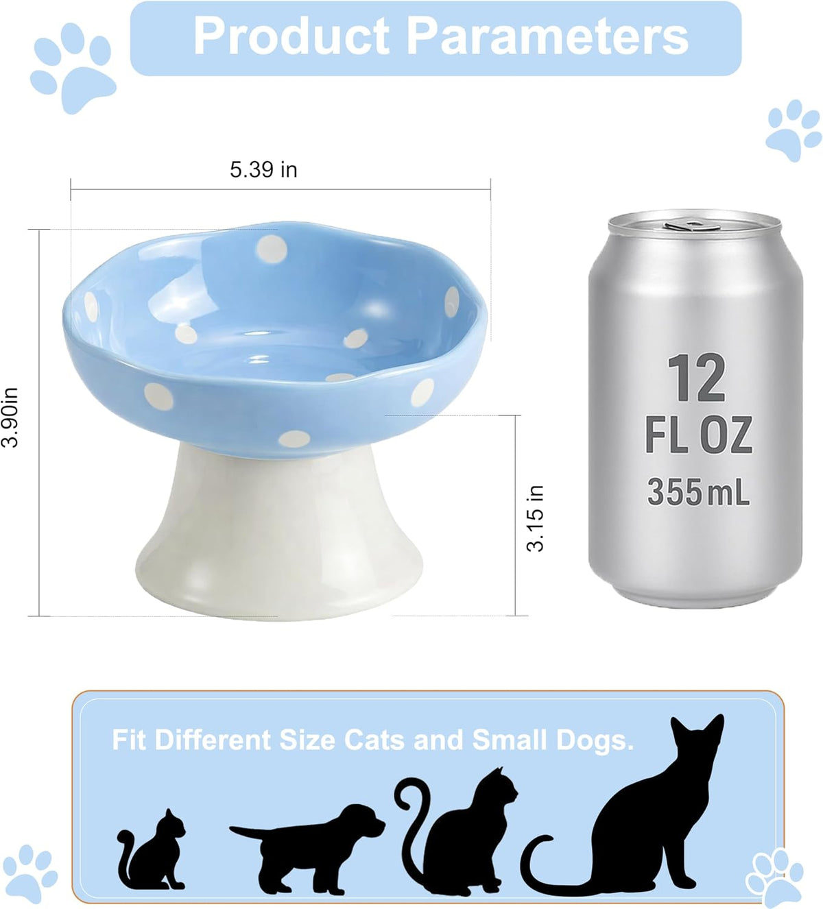 Blue Mushroom Cat Bowl, Elevated Ceramic Bowl for Cats