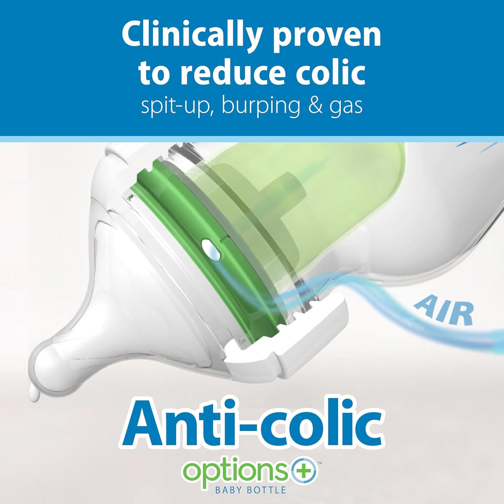Anti-Colic Options+ Wide-Neck Baby Bottle Feeding Set, 5 oz/9 oz, with Bottle Travel Caps (Packaging May Vary)