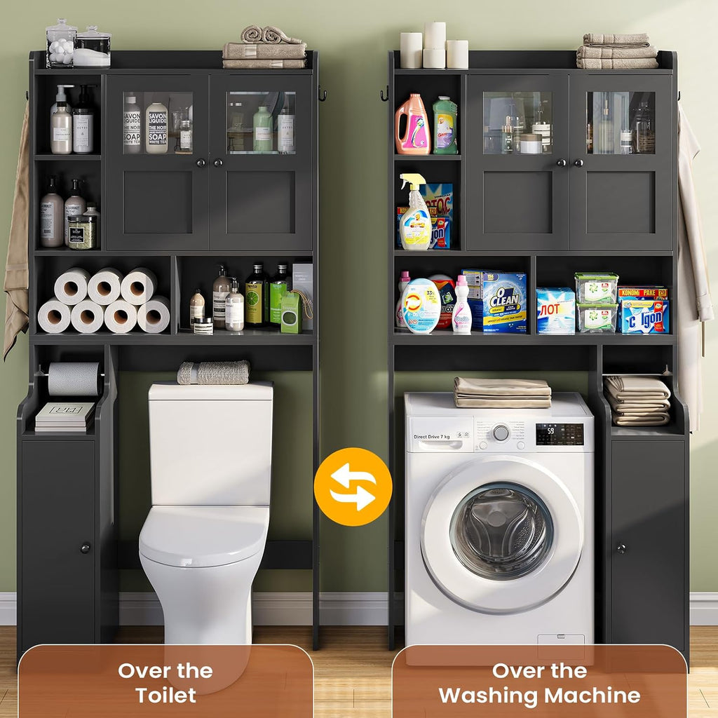Over The Toilet Storage Cabinet, Over Toilet Bathroom Organizer with Glass Doors & Toilet Paper Holder Stand, Home
