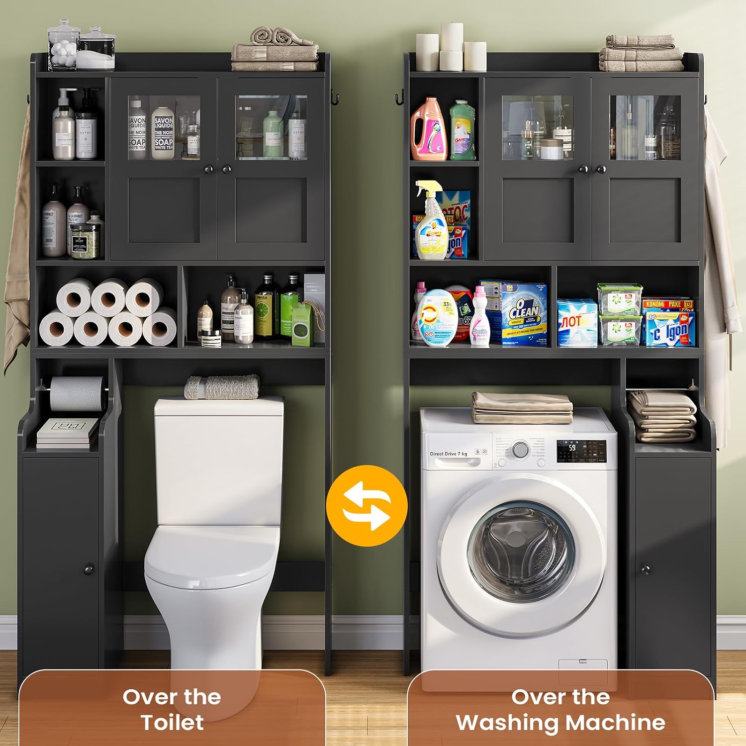 Over The Toilet Storage Cabinet, Over Toilet Bathroom Organizer with Glass Doors & Toilet Paper Holder Stand, Home