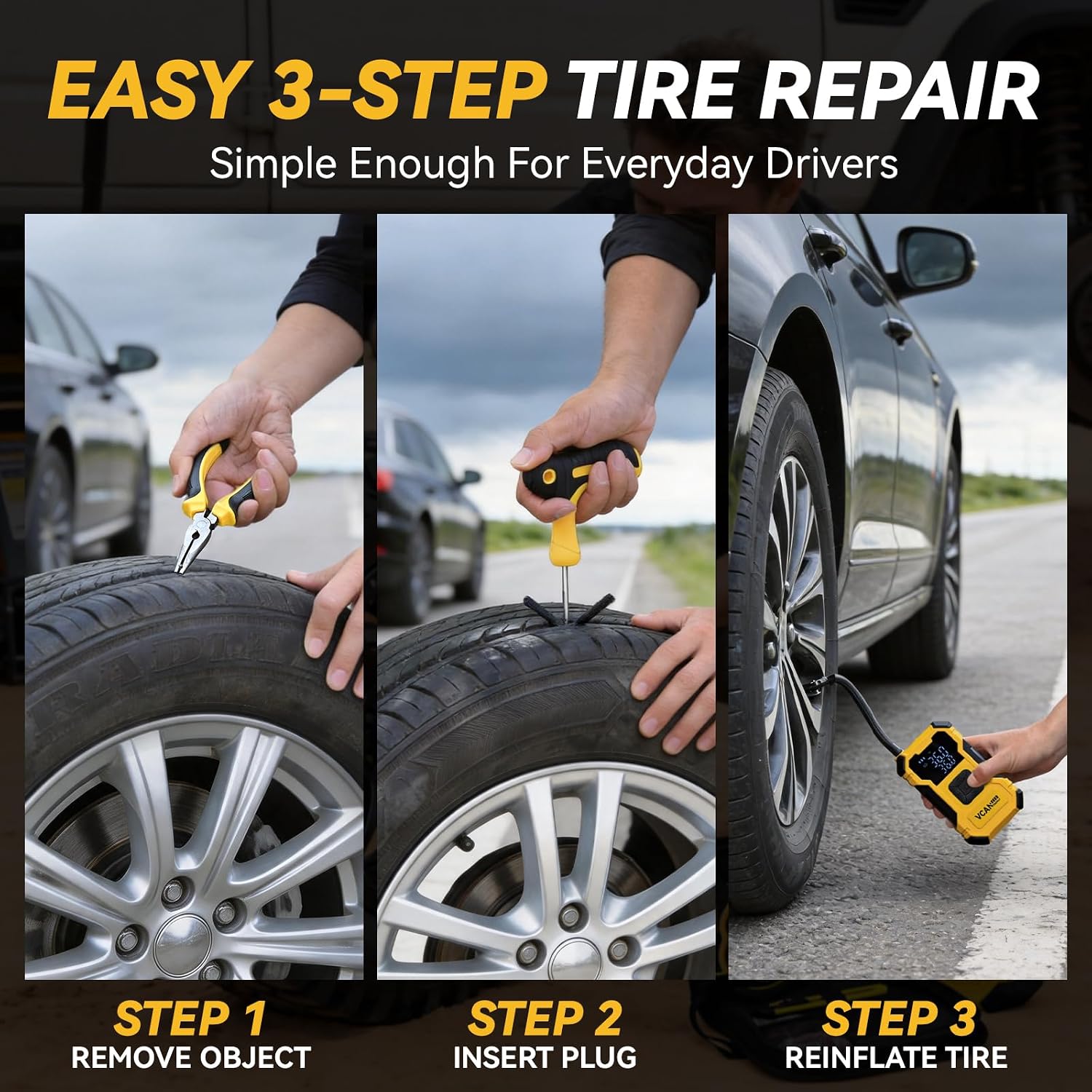 Flat Tire Repair Kit with Air Compressor, 150PSI Portable Air Pump with Auto-Stop & LED, Heavy Duty Tire Plug Kit for