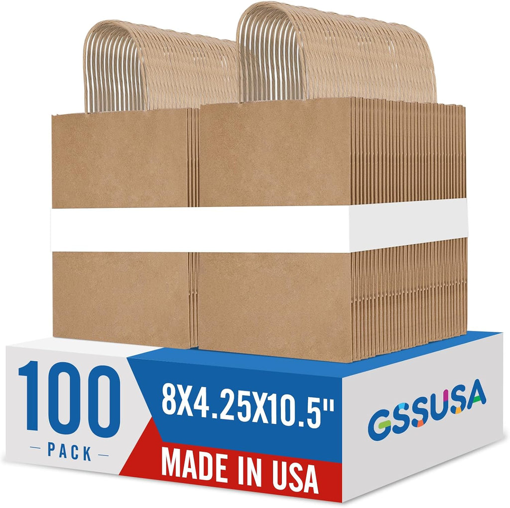 Medium Brown Kraft Paper Bags with Handles, 8x4.25x10.5, 100 Pack