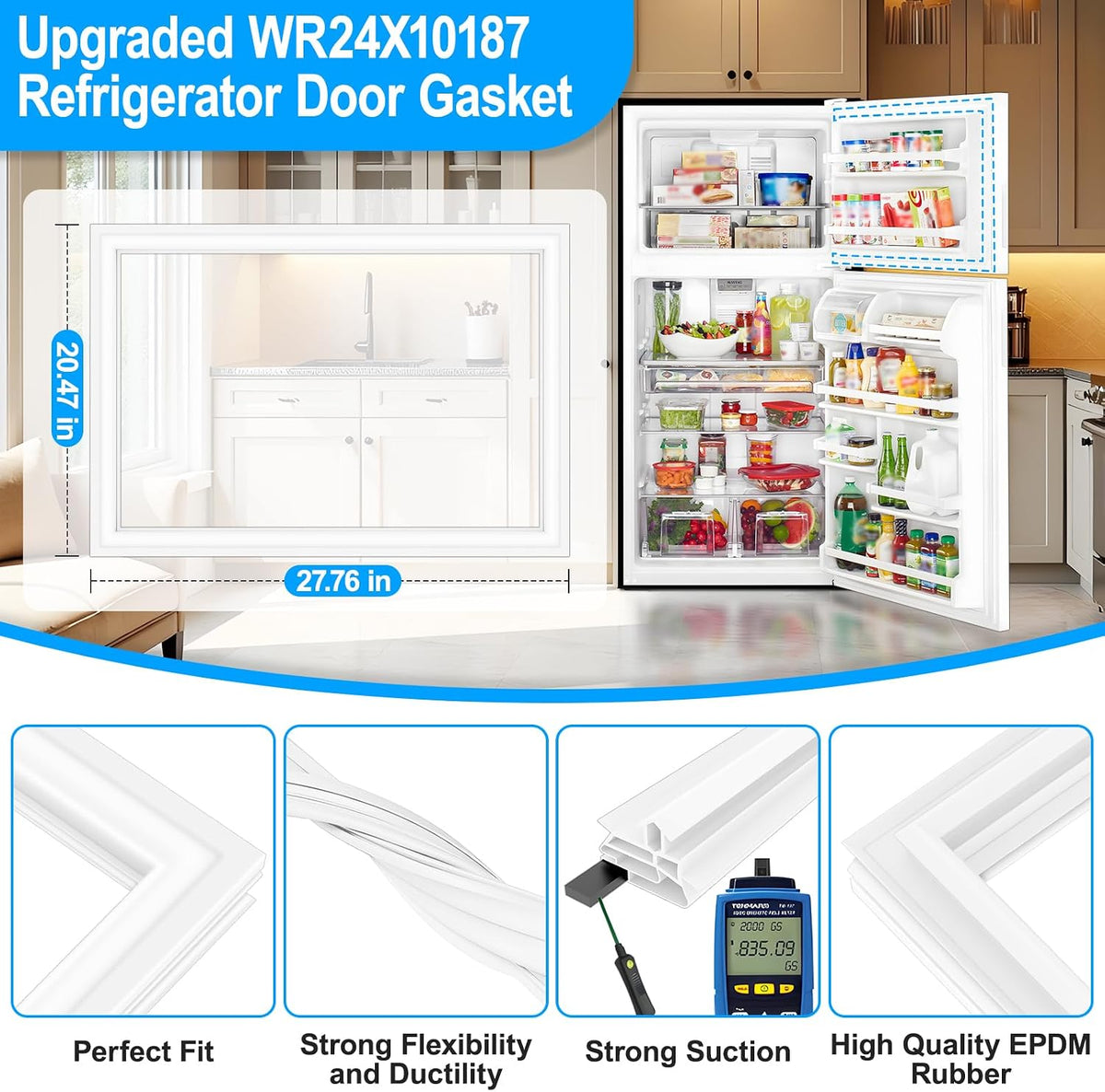 Upgraded WR24X10187 Freezer Door Gasket Compatible with GE Freezer Door Seal Replacement Parts WR24X10068 WR24X10095 Refrigerator Door Gasket AP3861331 PS1018948 Hotpoint Freezer Seal Replacement