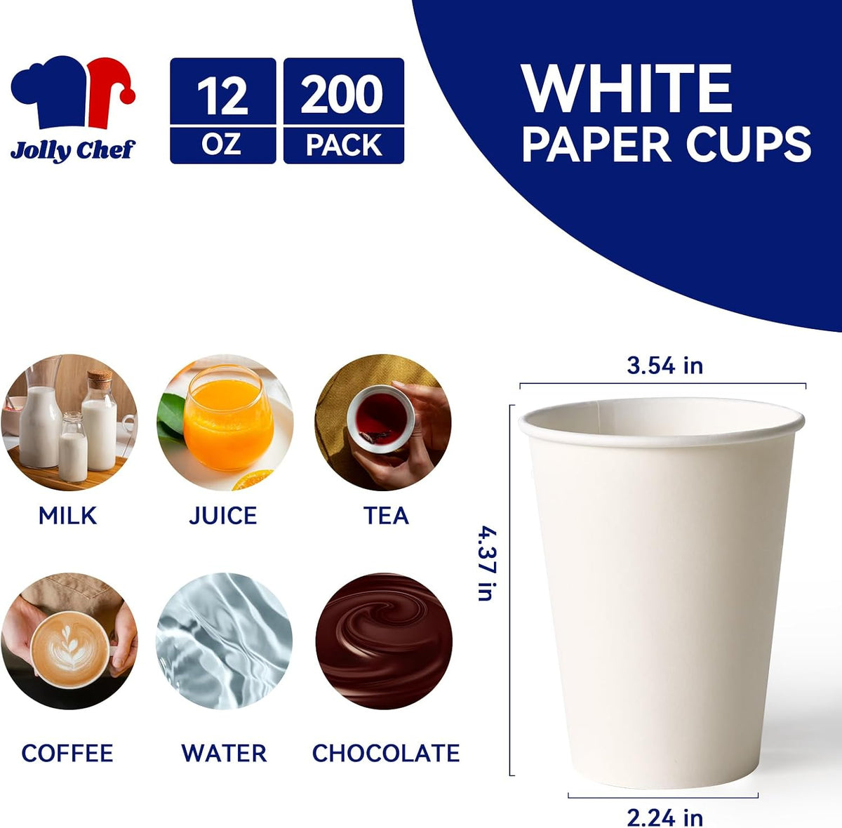 12 oz Coffee Cups, White Paper Cups 200 Count Leak-Proof