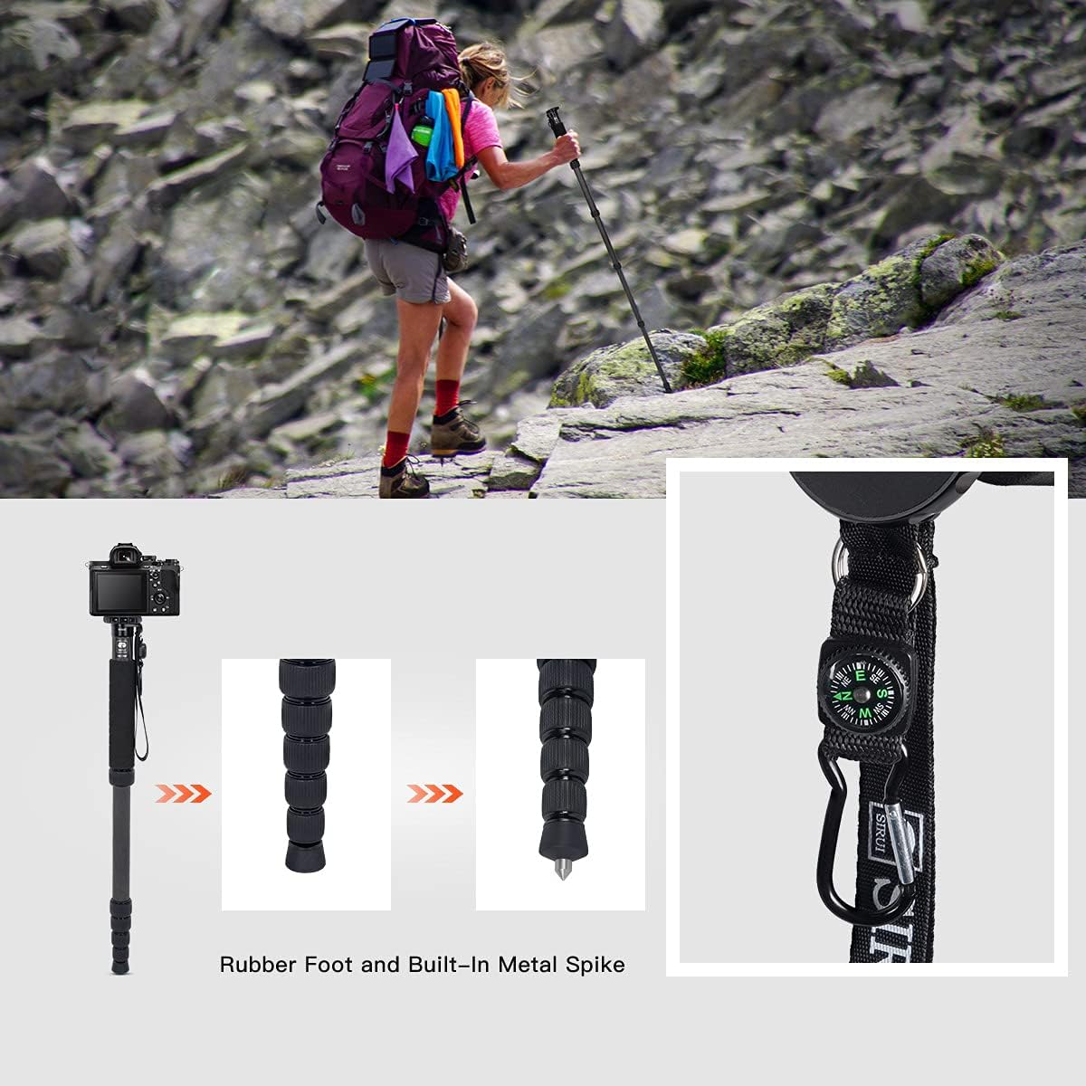 Camera Monopod P-326 6 Section Carbon Fiber Compact Lightweight Travel Monopod