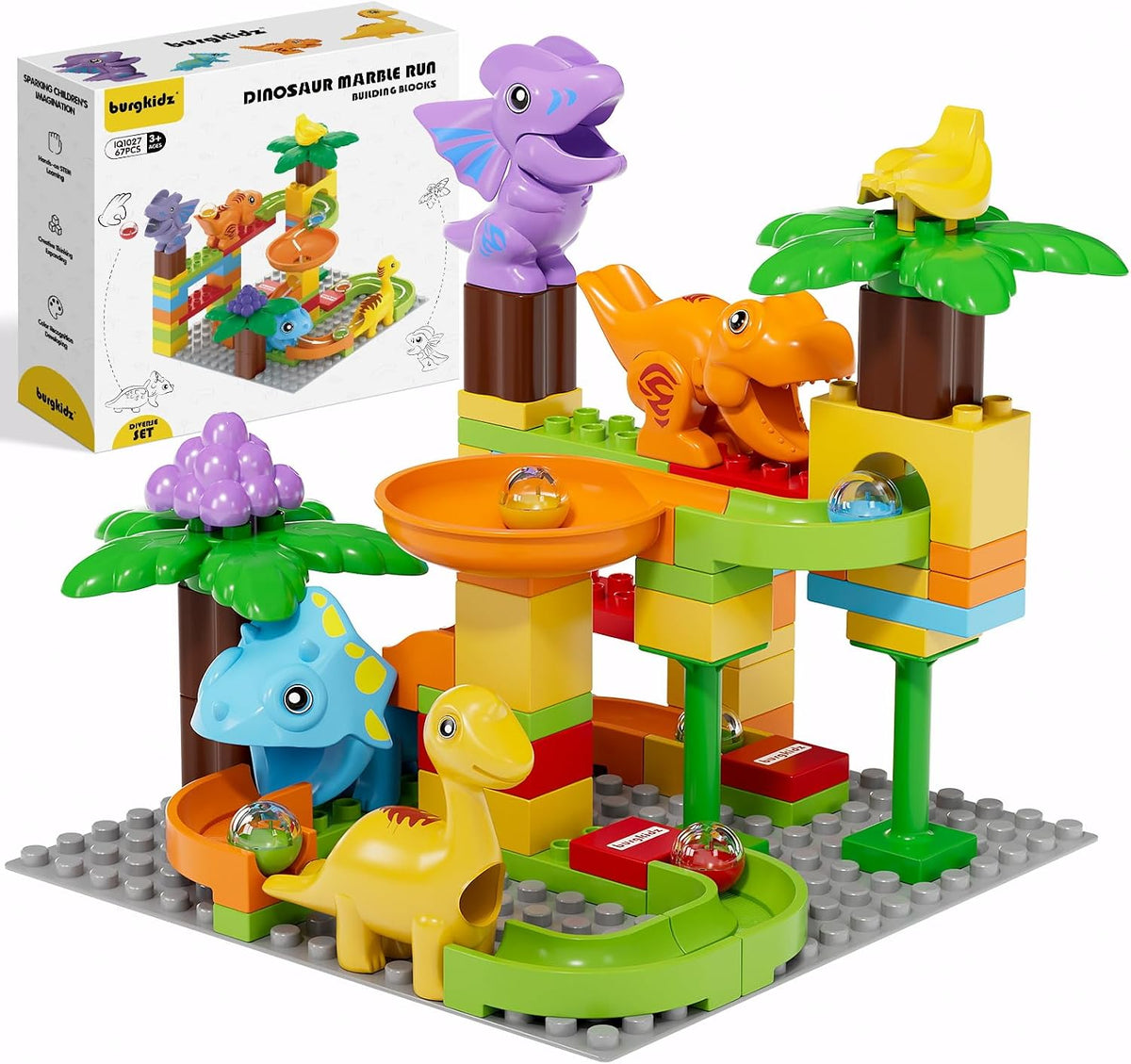 Dinosaur Marble Run Blocks: 67PCS STEM Toddler Building Toy
