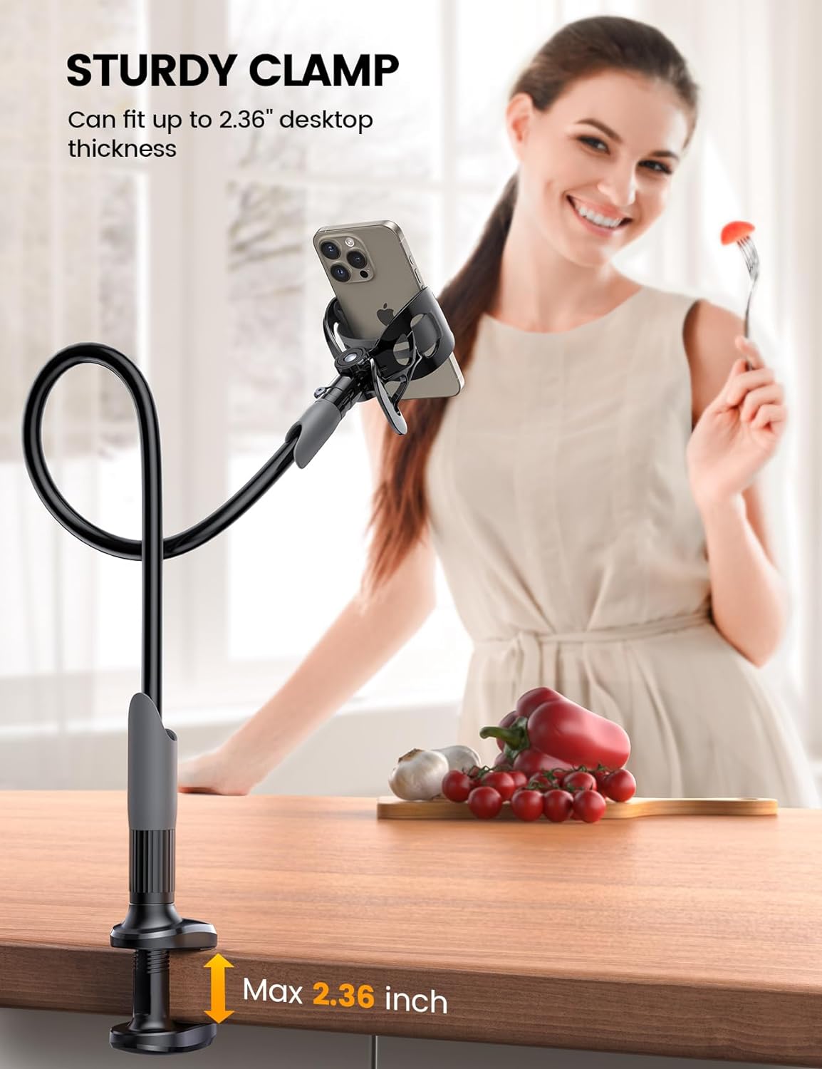 Gooseneck Phone Holder for Bed - Cell Phone Mount Clamp Clip, Flexible Long Arm, Overhead Mount for Desk Headboard