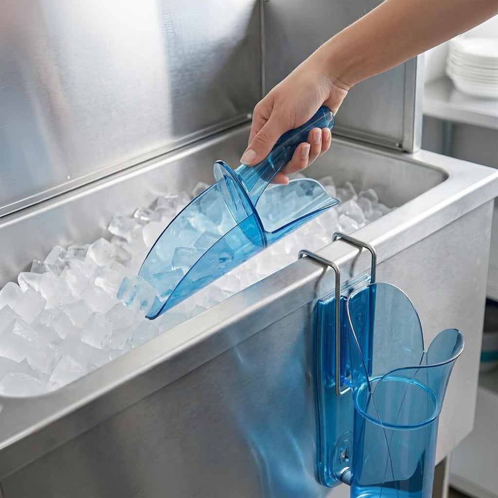 Ergonomic Ice Scoop with Shield and Pouring Chute – Includes Storage Caddy, 6–10 oz Capacity, Blue