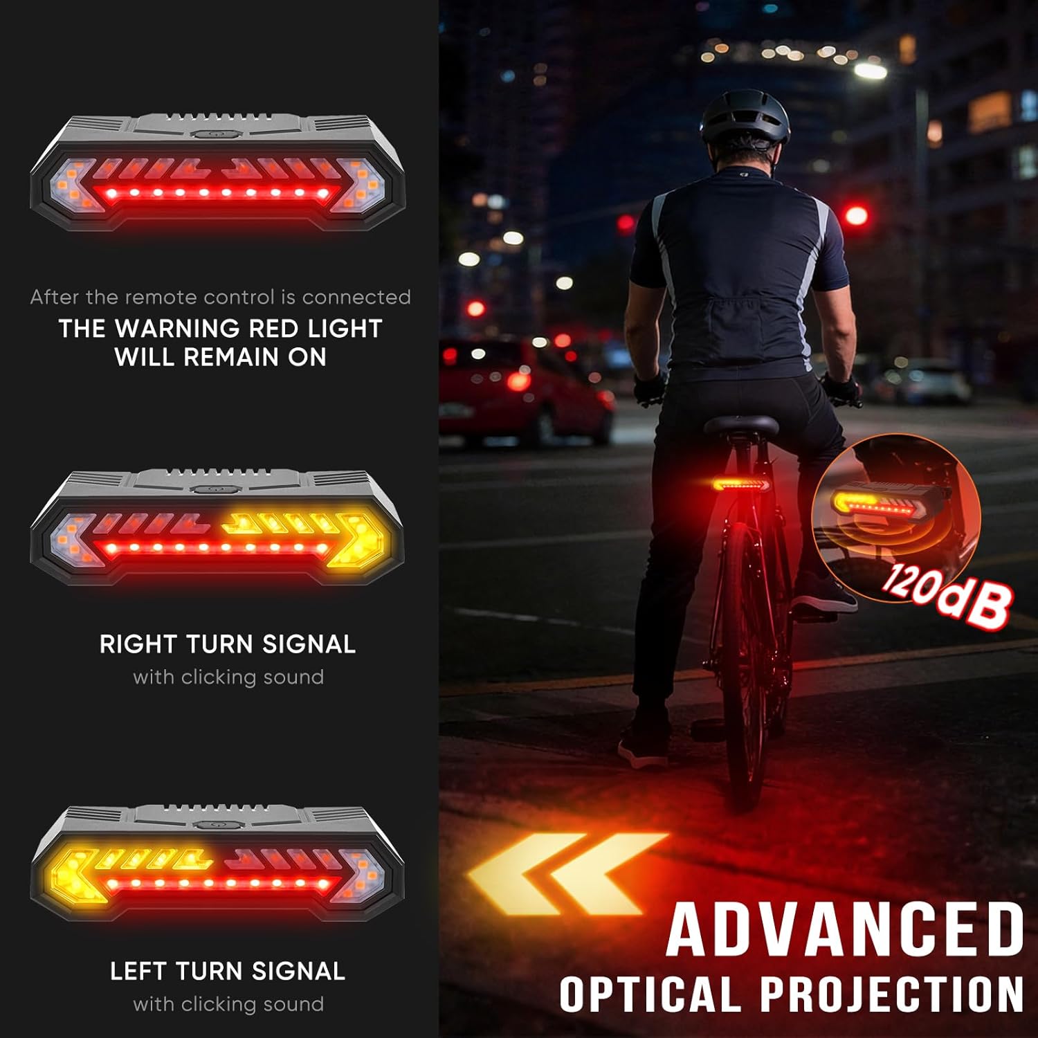 Smart Bike Tail Light, Wireless Remote Turn Signals with 120dB Audio Warning & Virtual Lane Projection, USB-C