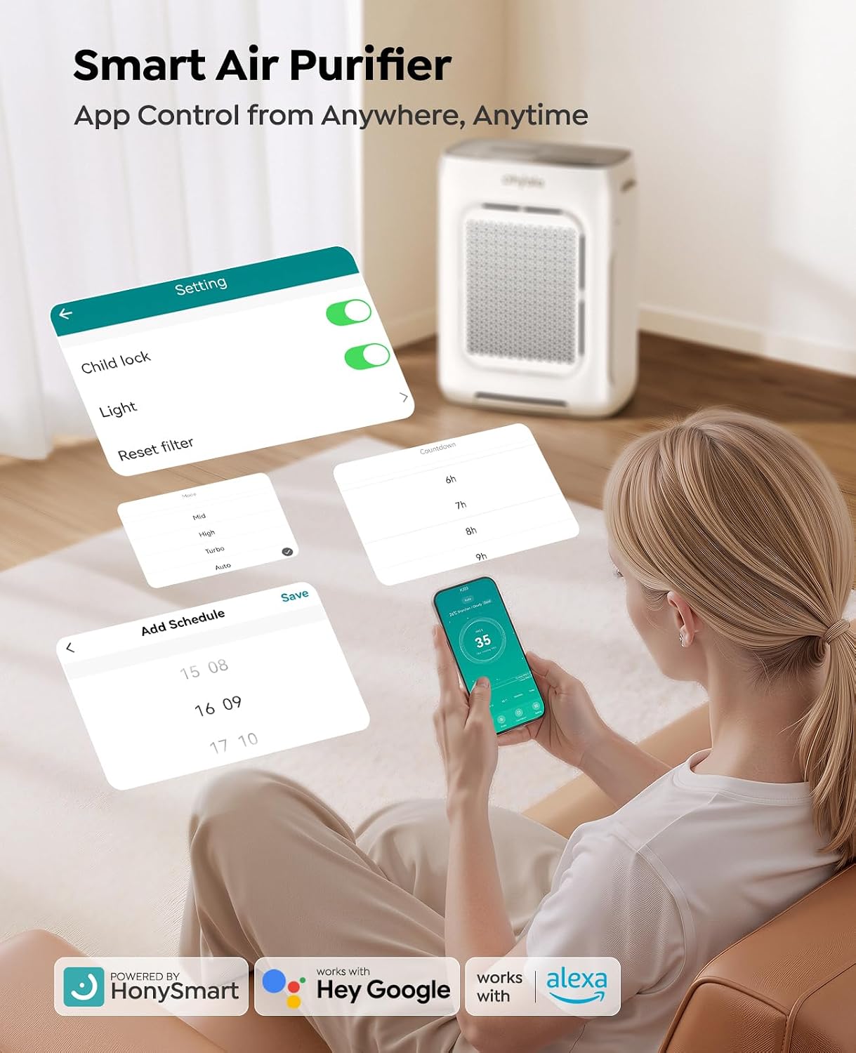 Air Purifier for Home Large Room up to 3000Ft², HEPA Air Purifier with Washable Double-Sided Filters, Smart WiFi, AQI