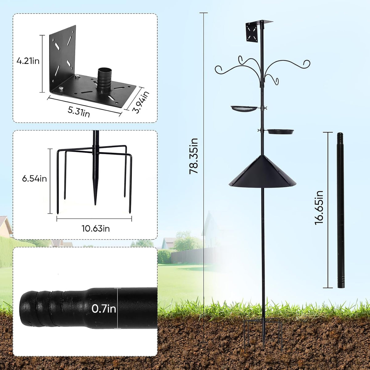 78 Inch Heavy Duty Bird Feeder Pole with Anti-Squirrel Baffle-Compact for Gardens & Patios, Outdoor Bird Feeding Station