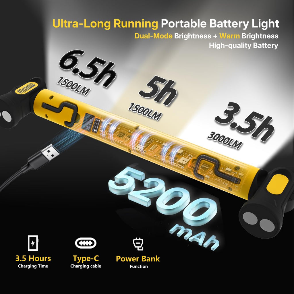 Under Hood Work Light Bar, 3000LM LED Magnetic Light Bar with Hooks, 5200mAh Cordless Rechargeable Hood Light Fathers