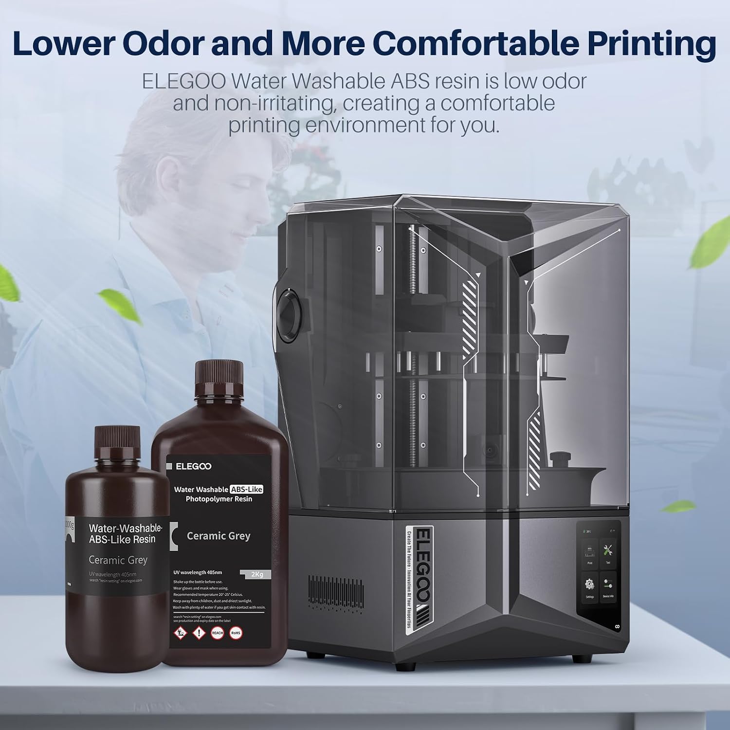ELEGOO Water Washable ABS-Like Resin 3D Printer Resin Grey 1000g | High Toughness, Low Viscosity and High Precision