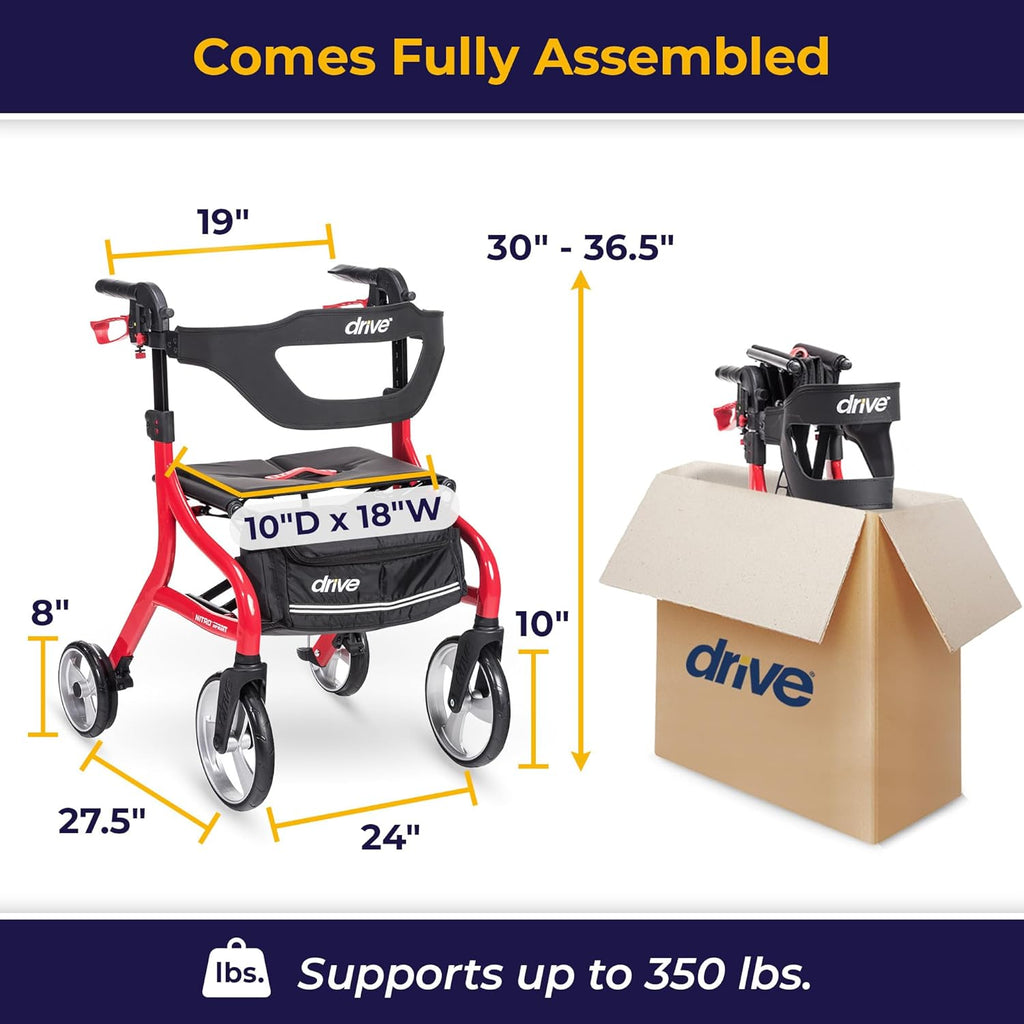 Nitro Sprint Foldable Rollator Walker with Seat - Lightweight Support - Large Wheels - Compact Folding Design