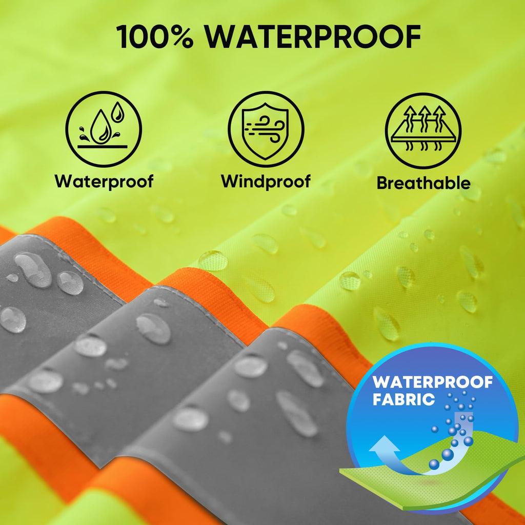 Reflective Rain Coat, Waterproof ANSI Class 3 Hi Vis Trench Coat