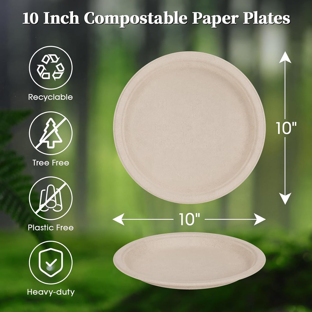 150 Pack 10 inch Compostable Disposable Paper Plates for Party