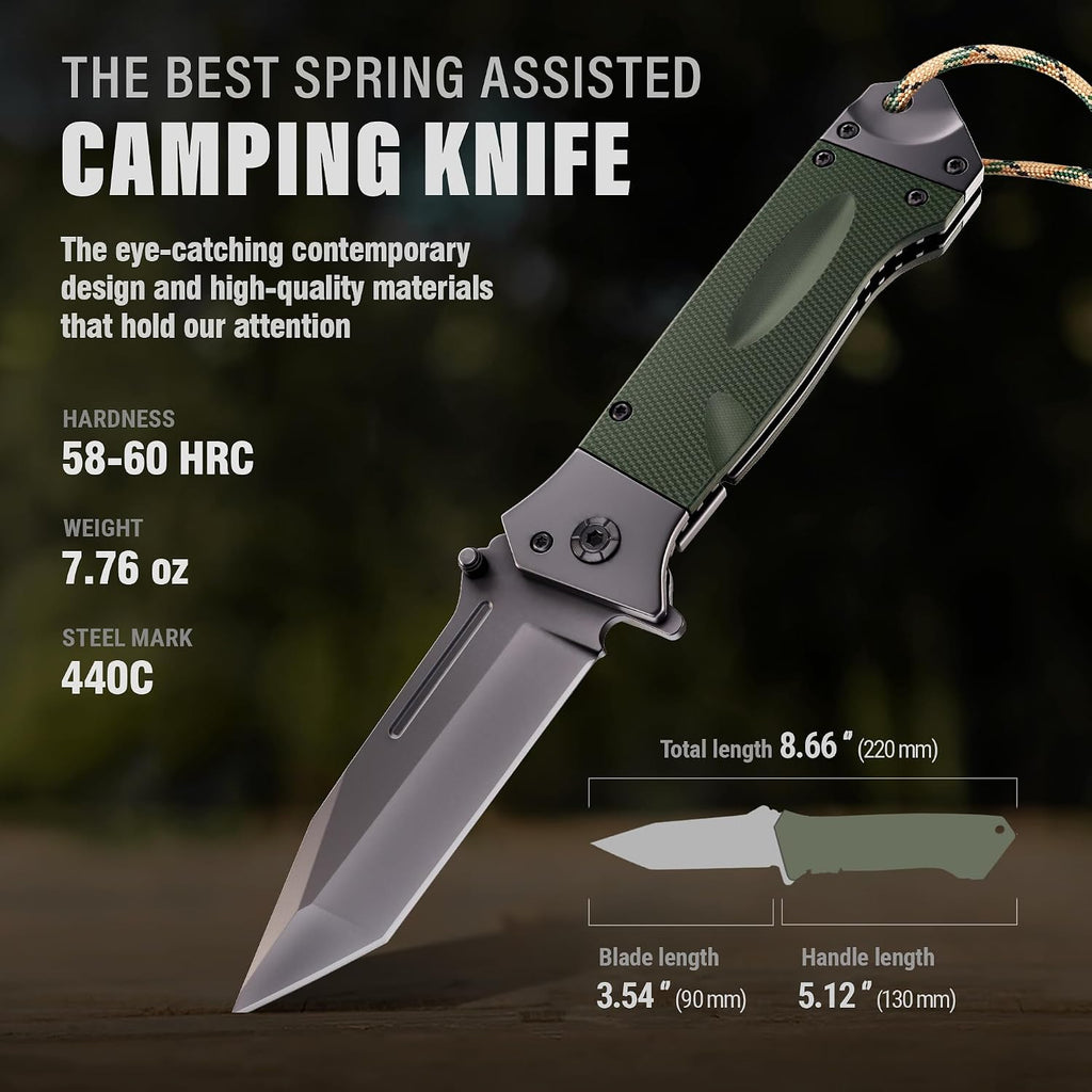 Spring Assisted Heavy Duty Pocket Knife for Men - 3.5" Tanto Sharp Blade - Folding Tactical Self Defense Japanese
